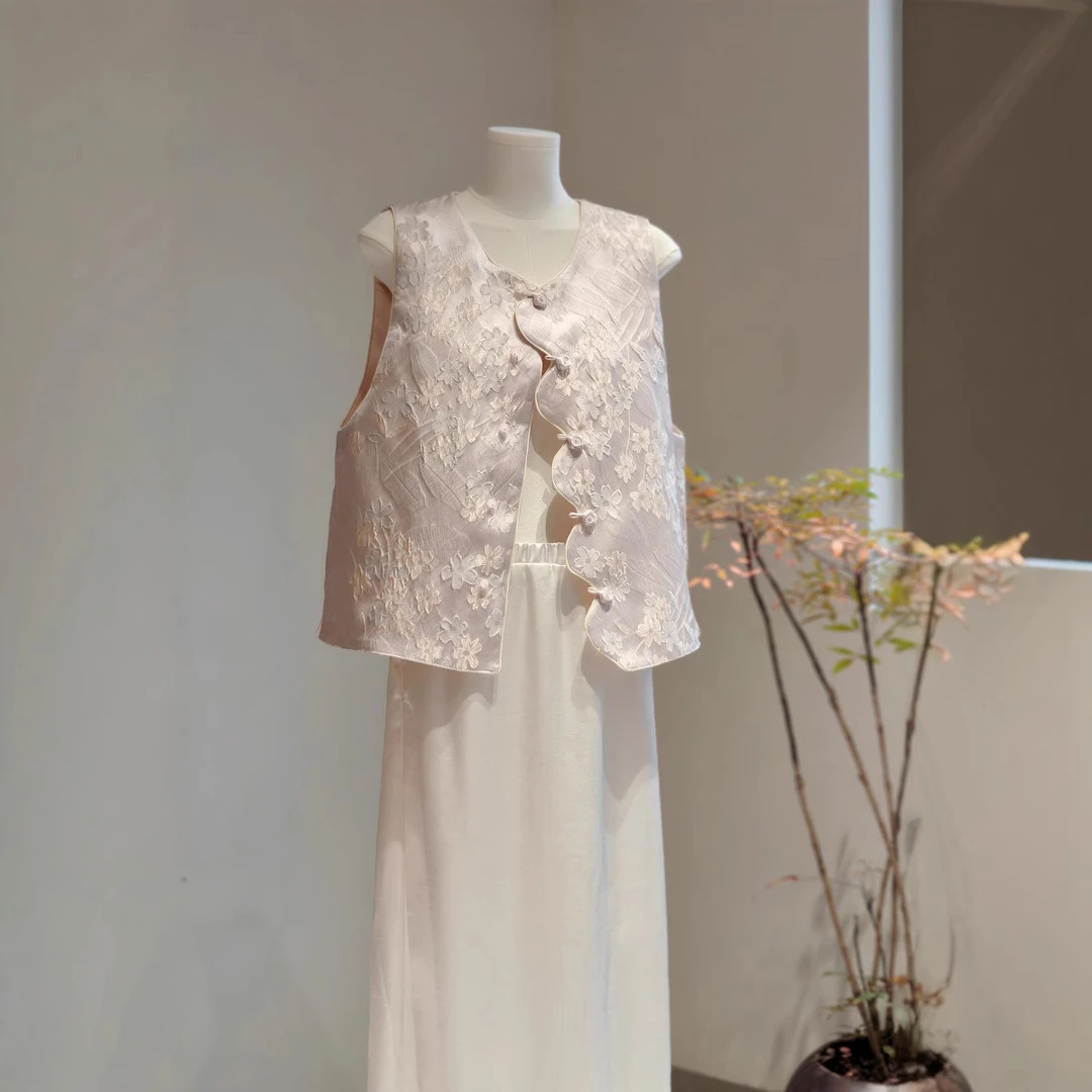 新中式国风国潮马甲女年轻款薄款双面穿圆领清新减龄提花马夹外穿