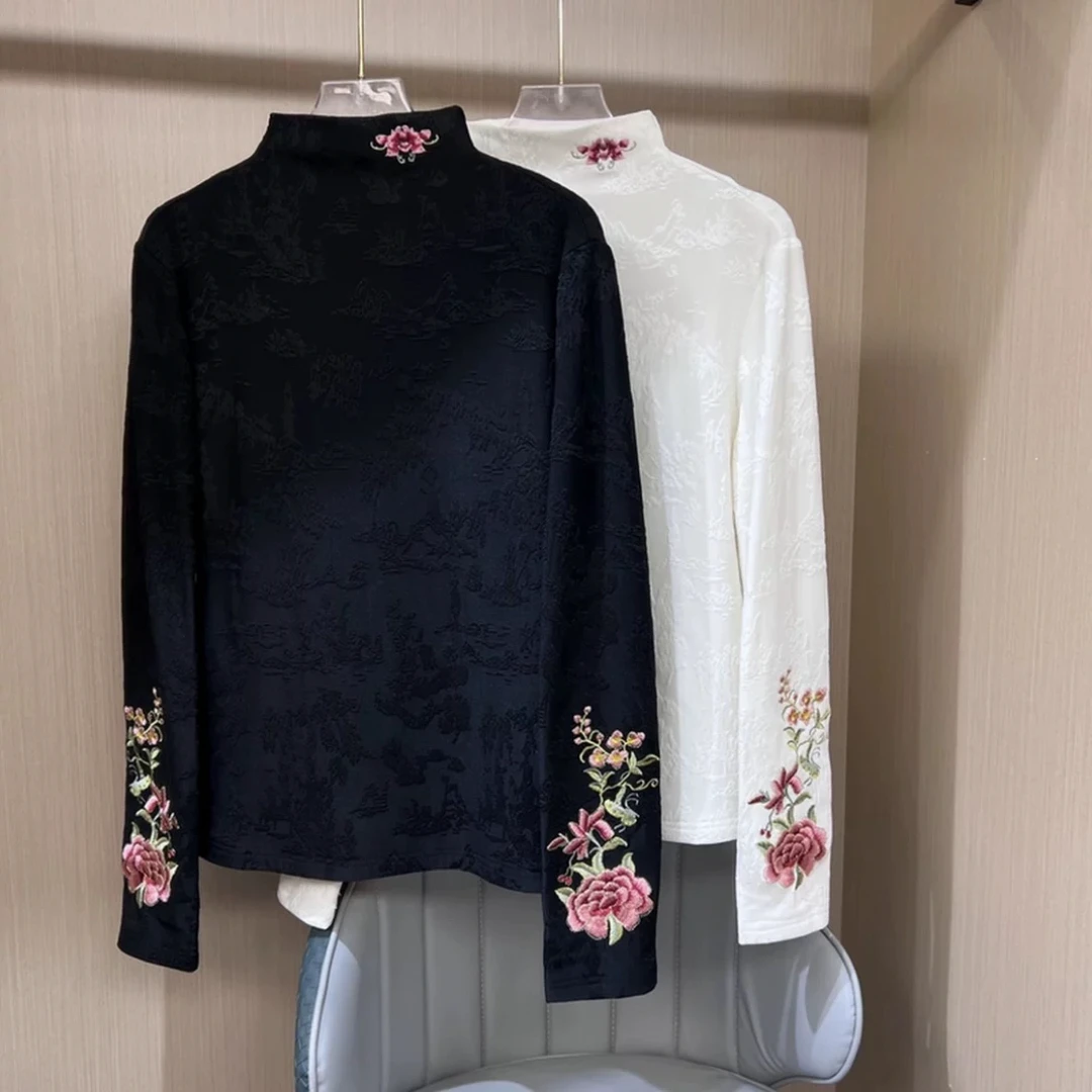 新中式国风半高领刺绣花长袖T恤女大码秋冬新款复古气质打底上衣