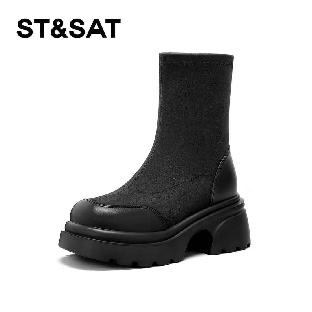 St&Sat/星期六2024新款女鞋厚底休闲秋冬中筒圆头弹力靴瘦瘦靴