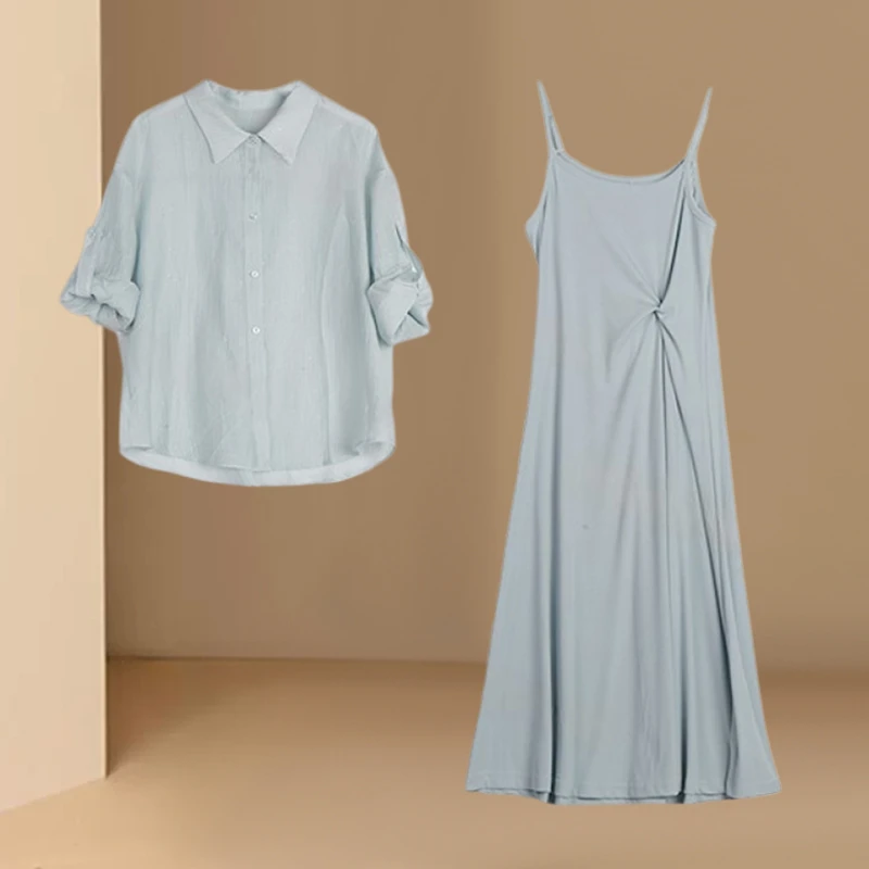 欧洲站2025夏季新款时尚百搭翻领长袖衬衫+吊带连衣裙显瘦两件套
