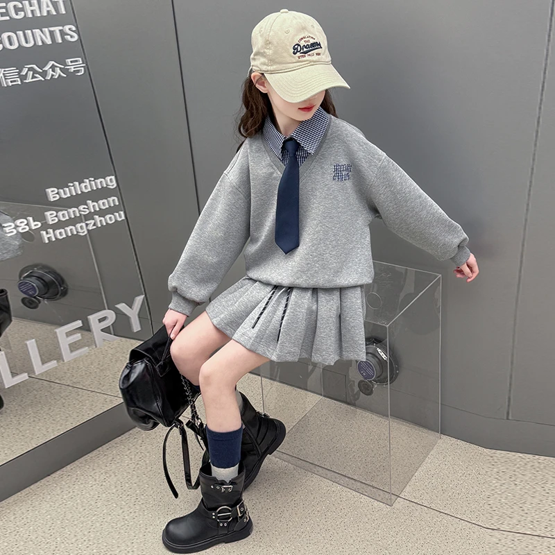 女童春季套装儿童学院风百褶裙子两件套小女孩春装洋气时髦公主裙