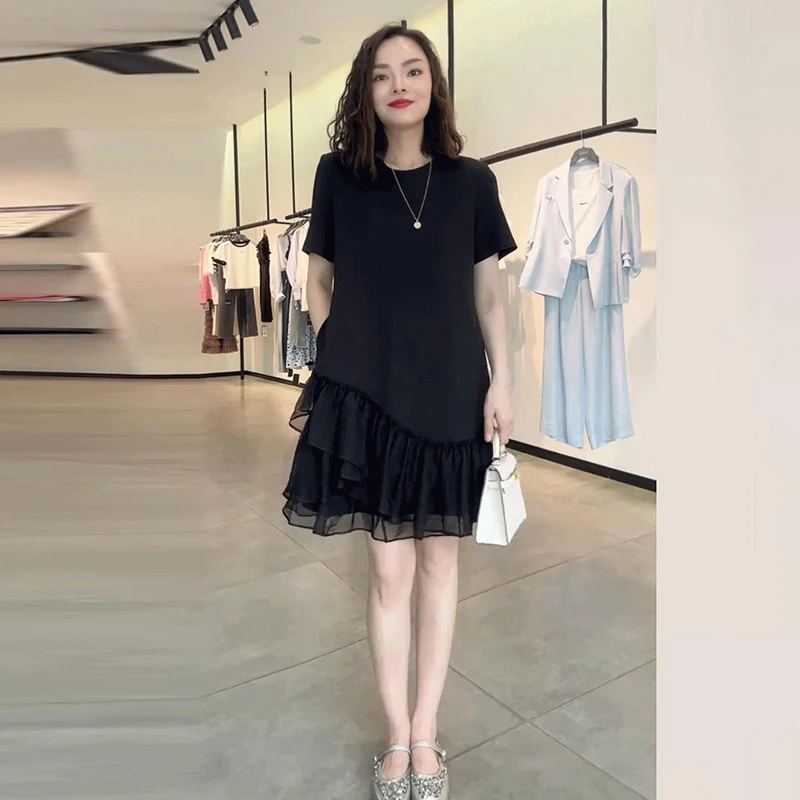 法式小个子连衣裙女夏季新款设计感不规则时尚拼接百搭显瘦小黑裙