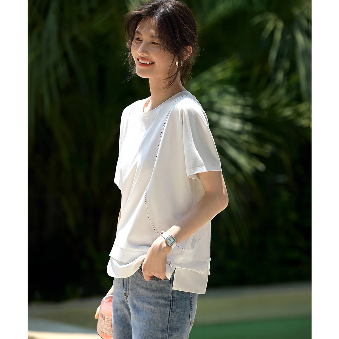 XWI/欣未2025夏季新款简约设计茧型撞色线蝙蝠袖通勤显瘦T恤2510