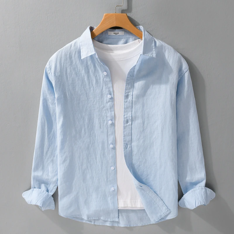 春季纯亚麻衬衫男士长袖薄款宽松纯色日系休闲百搭多色衬衣全麻料