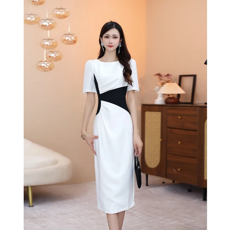 【文】拼接设计感夏季新款气质显瘦收腰遮胯中长款短袖1253