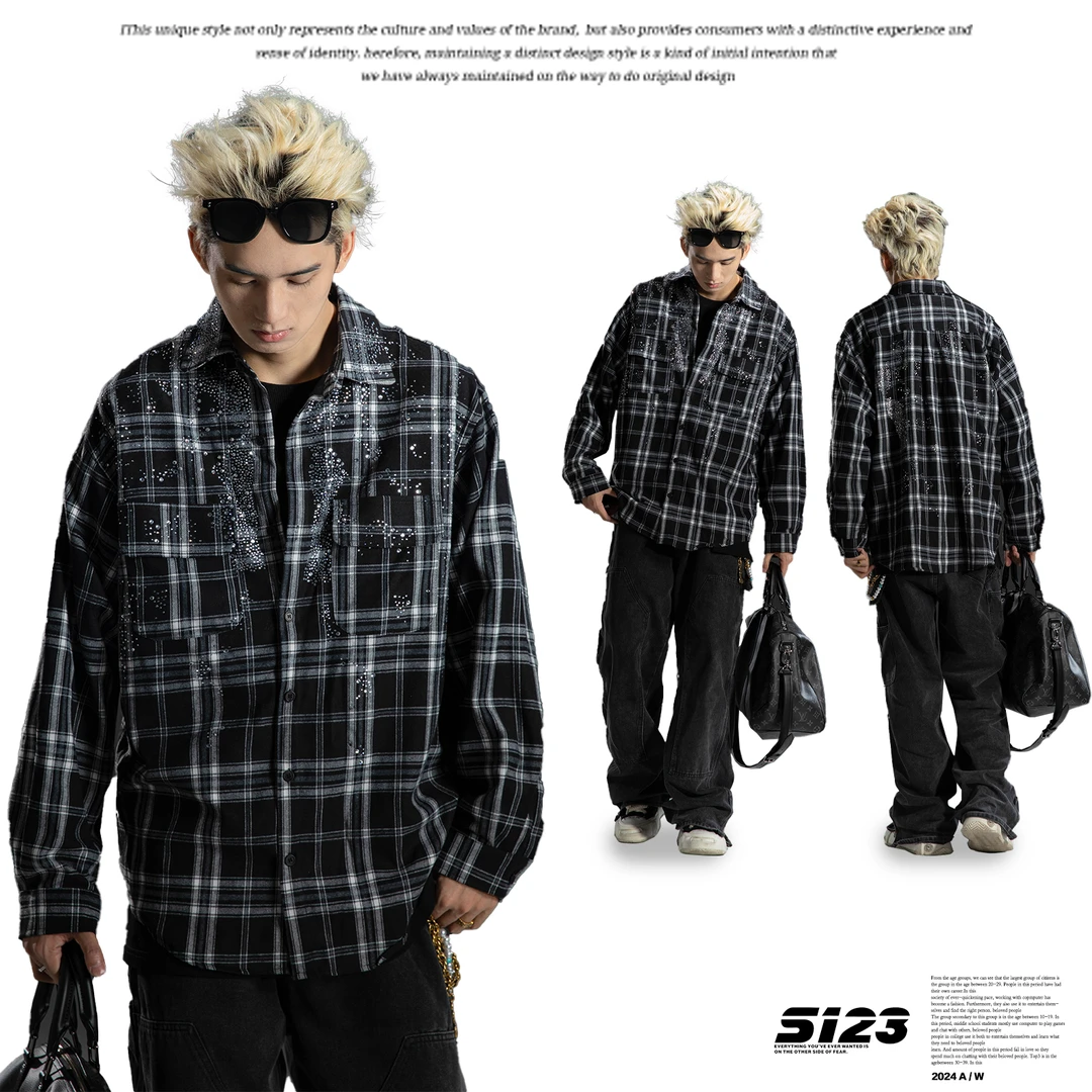 【重工烫钻】潮牌格子衬衫外套男秋冬2025新款复古开衫3024