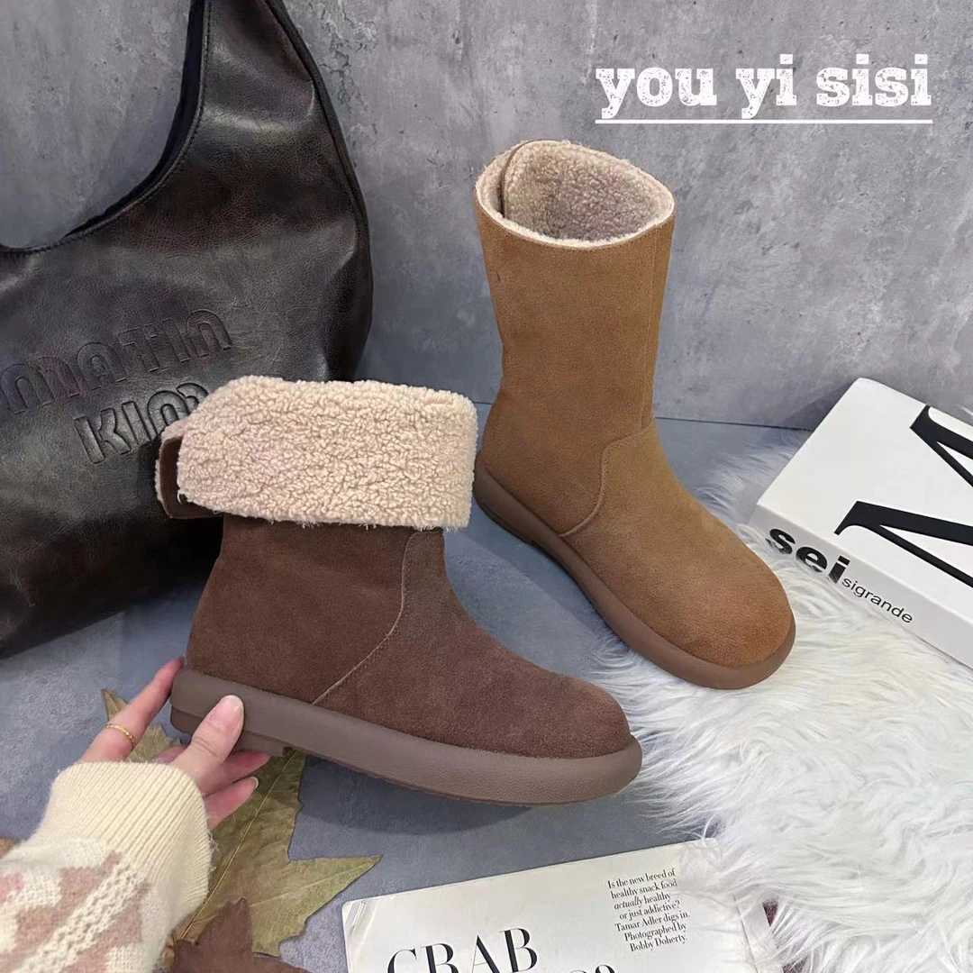 有意思思女鞋"魔法师"时尚百搭厚底加绒中筒韩版冬季真皮雪地靴