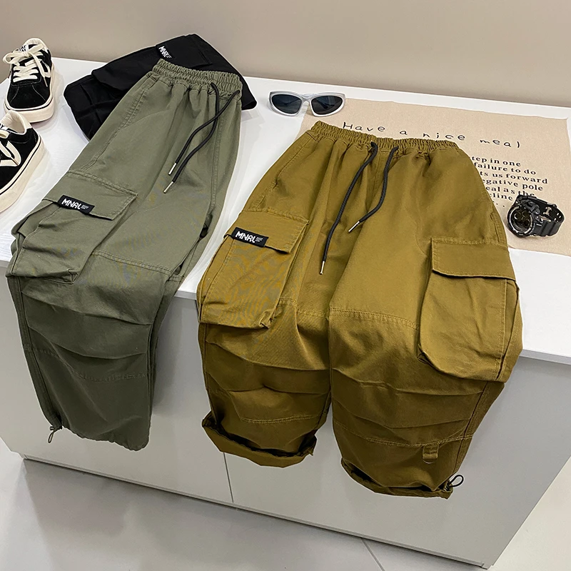 春秋款中大童直筒宽松纯色潮搭工装裤男童裤子伞兵裤长裤亲子