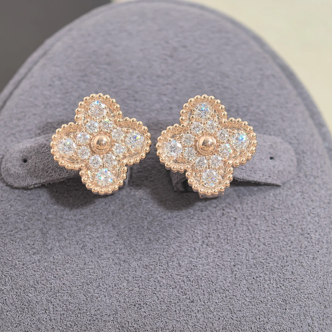 18k金钻石四叶草耳拍满钻四叶草耳环（8克以上）气质轻奢百搭简约