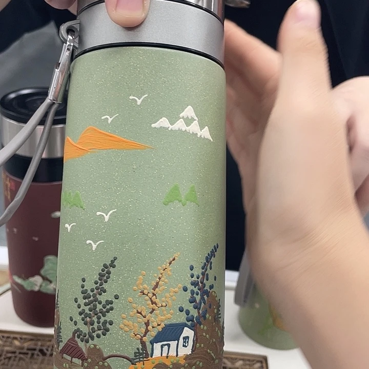 茶杯紫砂用****1豆青砂彩绘山水双层车载杯