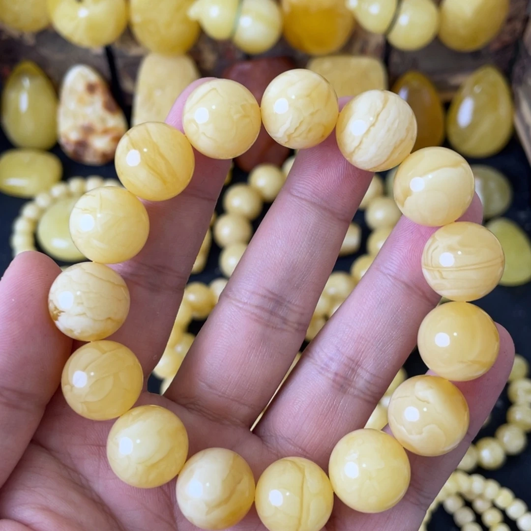 琥珀未镶嵌手串15+俄料浓蜡妖白花圆珠手串