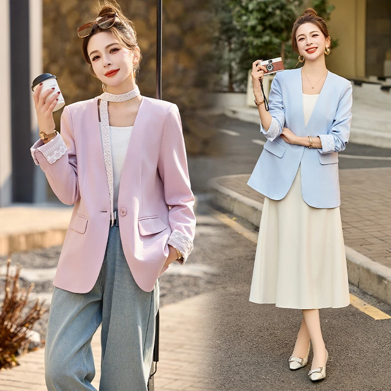 蕾丝拼接西装外套女2025年春季新款高级感气质轻熟风百搭短款外套