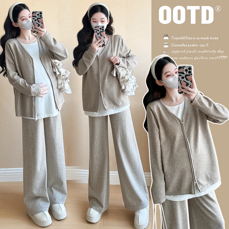 实拍现货2025秋款时尚宽松孕妇装大码假两件秋冬针织毛衣孕妈套装