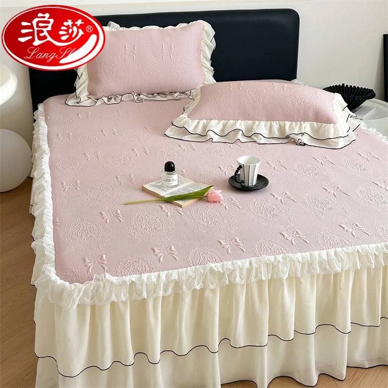 浪莎夏季冰豆豆凉席床裙款公主风冰丝席三件套空调软席子可机水洗