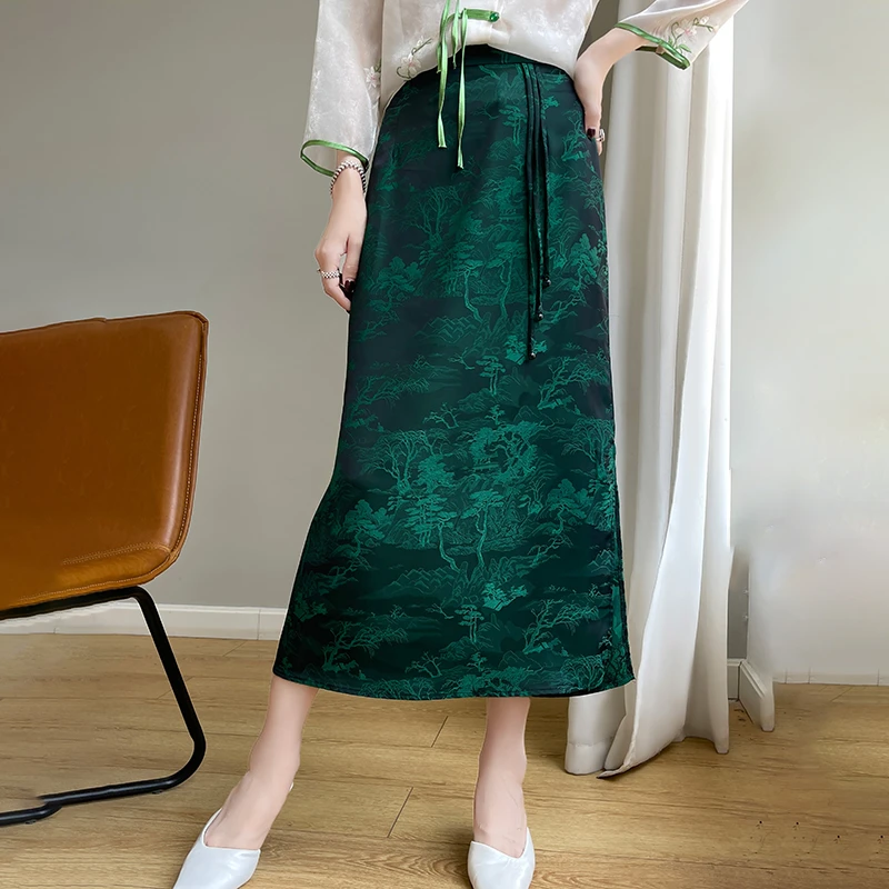 醋酸缎面新中式长裙A字裙高腰提花半身裙开叉民族风夏季印花半裙
