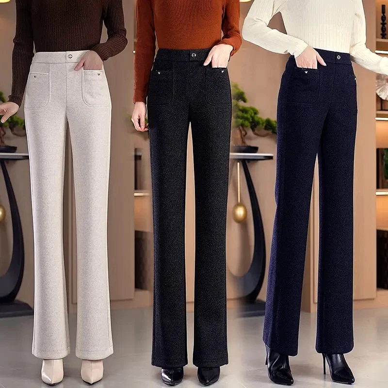 羊毛呢微喇叭裤女秋冬新款洋气休闲显瘦加绒加厚高腰直筒裤子百搭