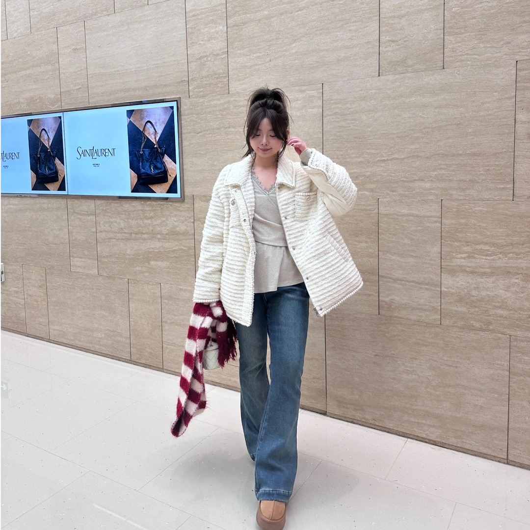 晶咕【粉雾小香】休闲气质百搭翻领宽松小香风拼接羽绒服外套