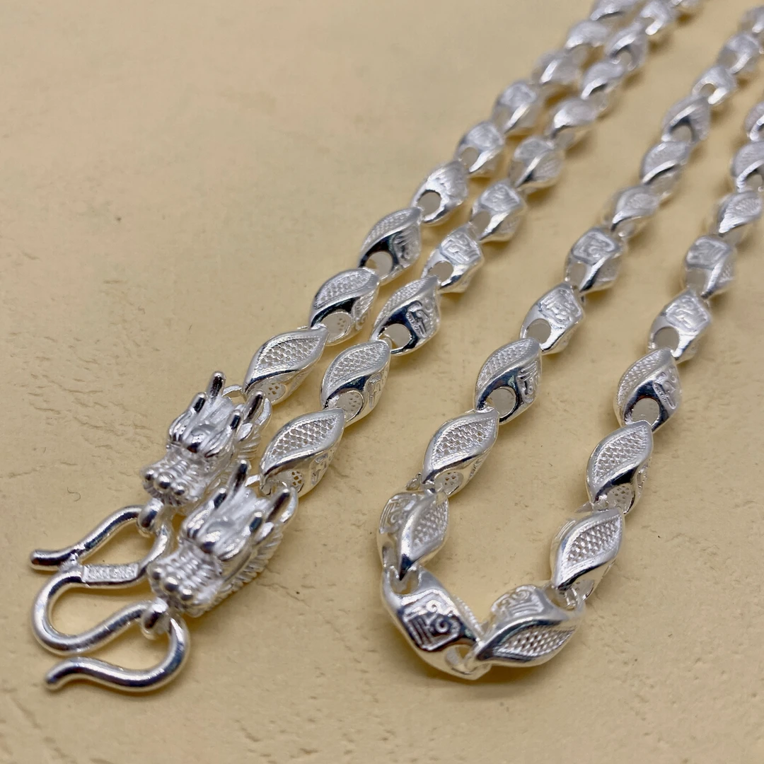 链子足银 足银999.9亮面经典百搭骑士链男士个性龙头海螺链