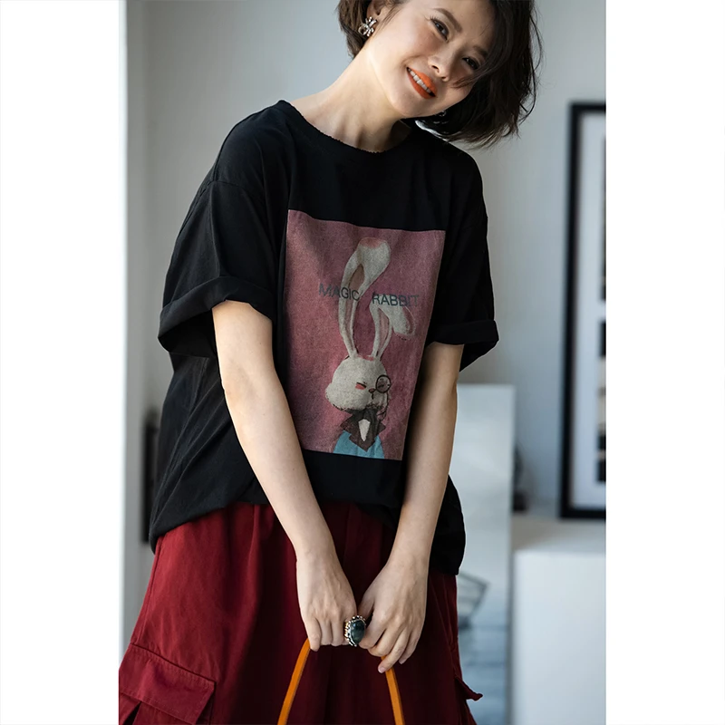 换季T53900 文艺休闲宽松纯棉洋气撞色卡通兔子印花T恤女夏