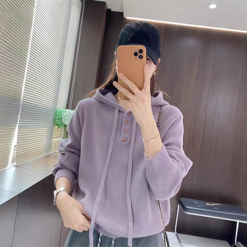 10161苗苗大码温柔风连帽长袖毛衣女秋冬宽松显瘦内搭外穿针织衫