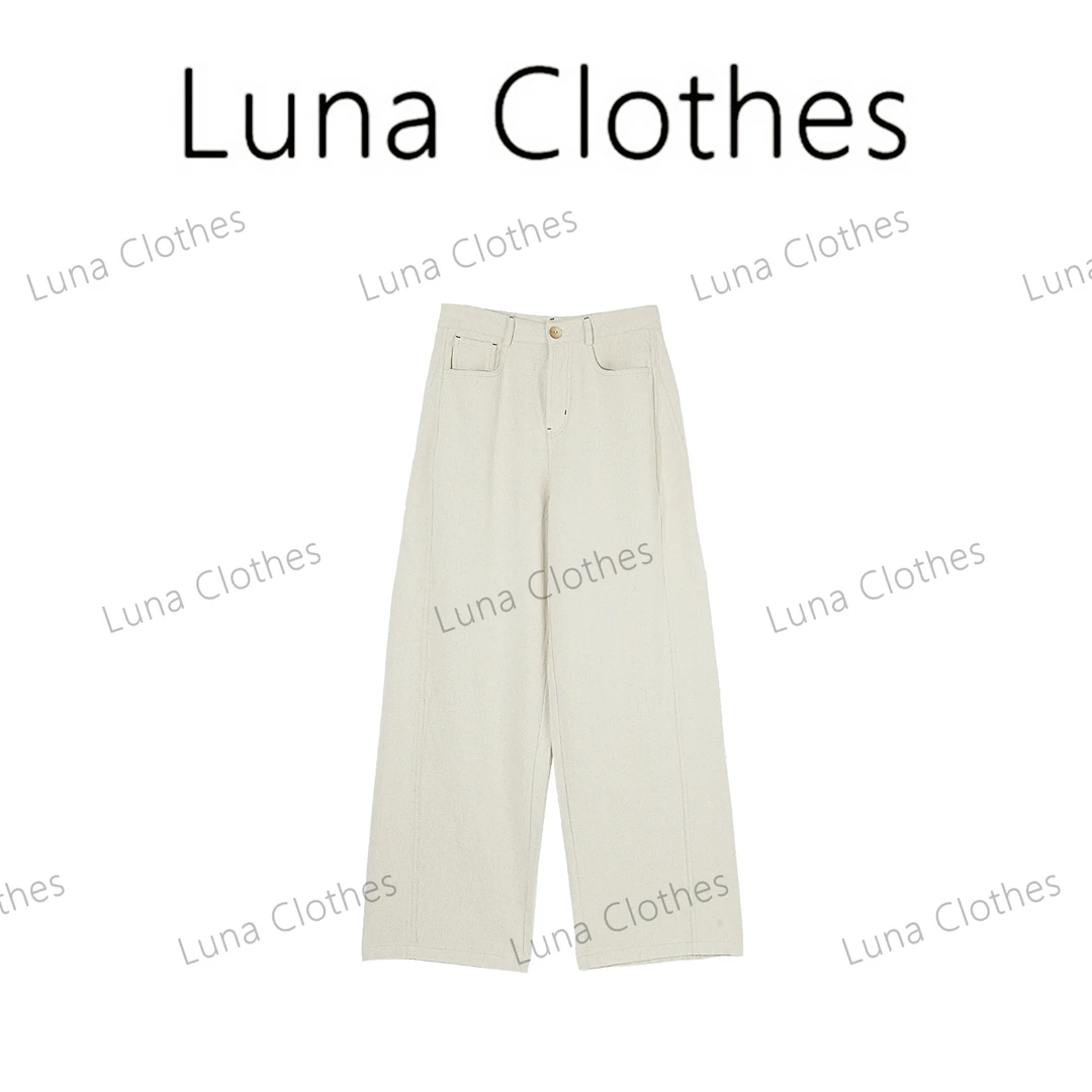 张妍LUNA‘落日’亚麻宽松阔腿圆弧分割百搭休闲裤5257