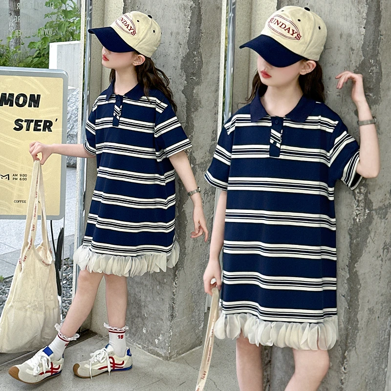 女童夏季polo领短袖连衣裙2025新款儿童条纹长裙女孩网纱拼接夏装