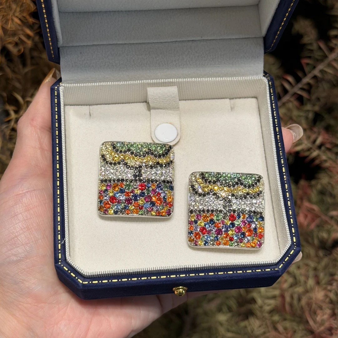 铜合金锆石耳饰 复古个性彩色方形设计感百搭耳钉