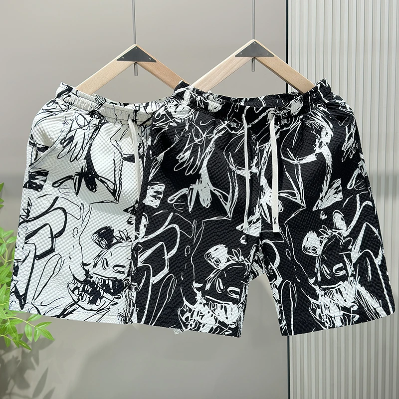 夏季男士短裤五分裤潮宽松运动居家裤衩黑白撞色休闲沙滩裤动漫