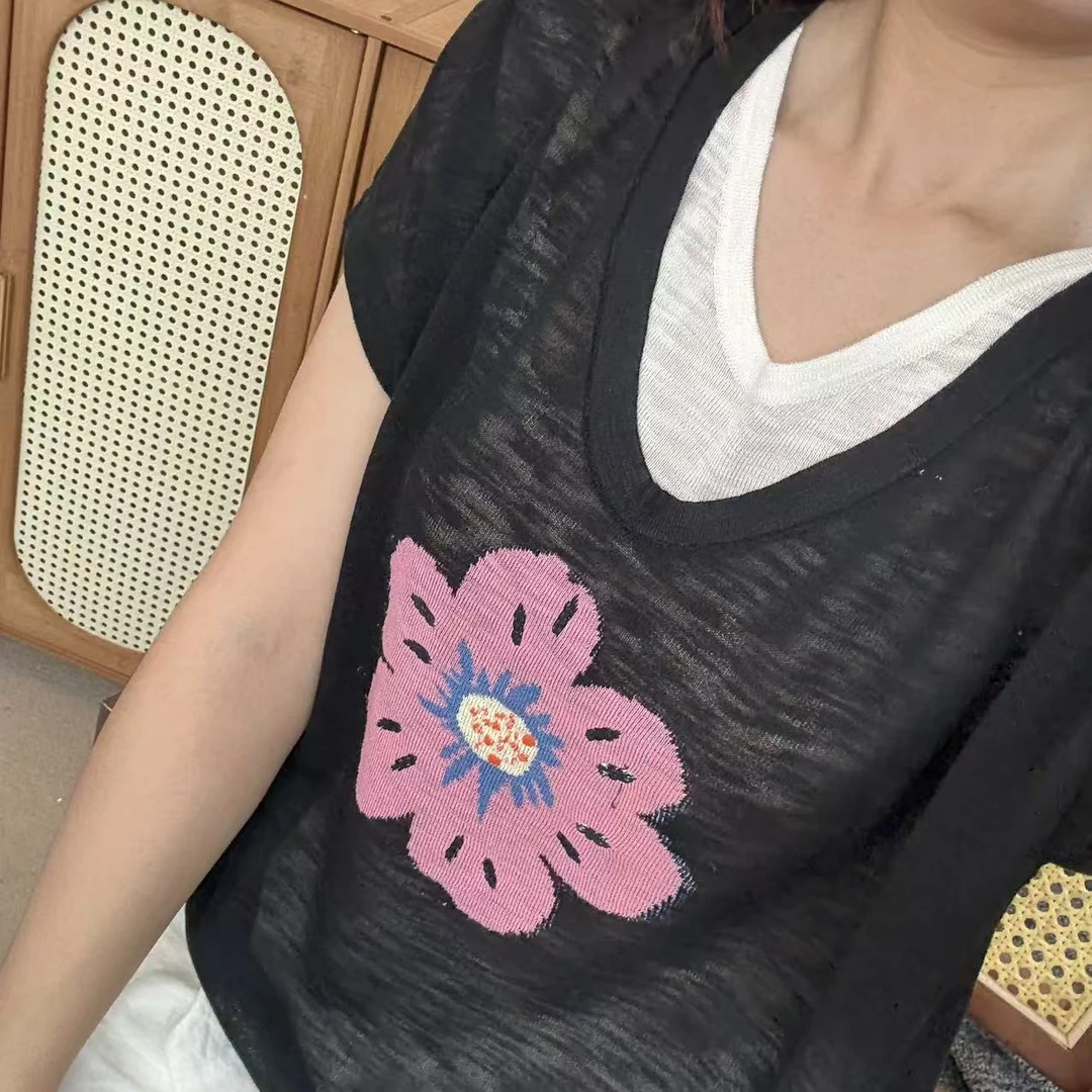 010通勤植物花卉针织衫修身毛针织衫短袖女装毛衣薄款