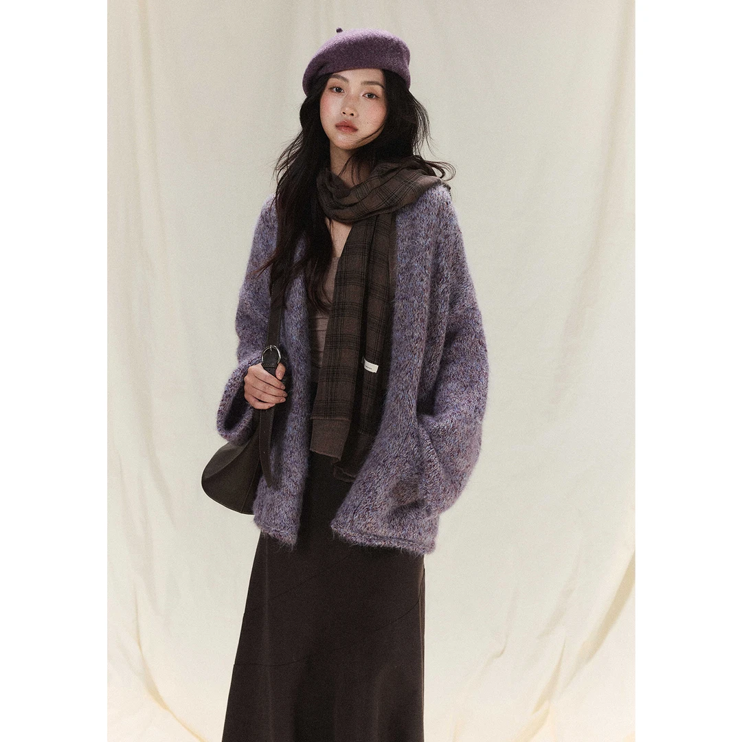 贰羊设计【惊秋】慵懒风高级紫色宽松毛衣开衫女复古加厚秋冬外套