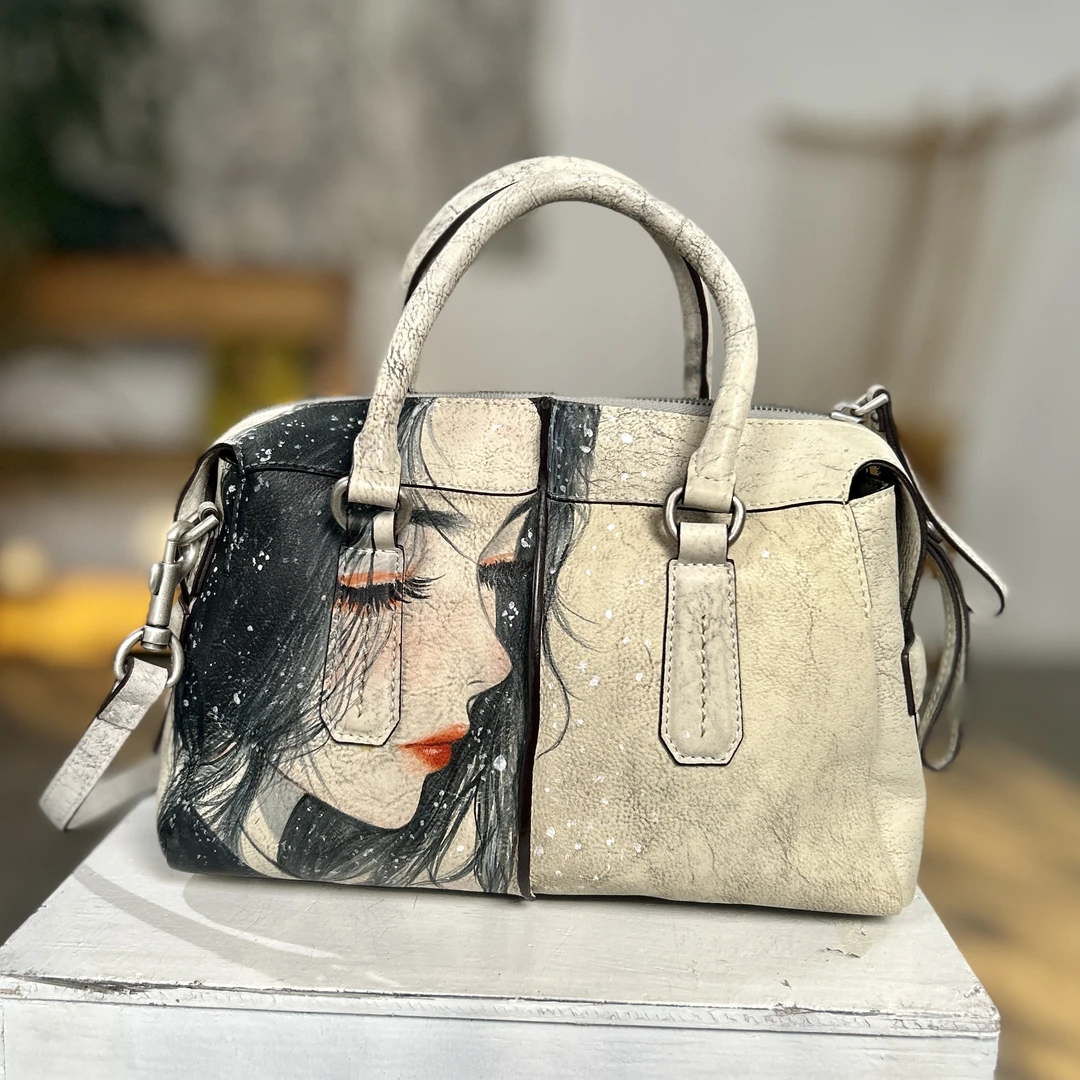 原创设计手绘九尾狐真皮女包休闲波士顿手提包单肩包斜跨包女包包