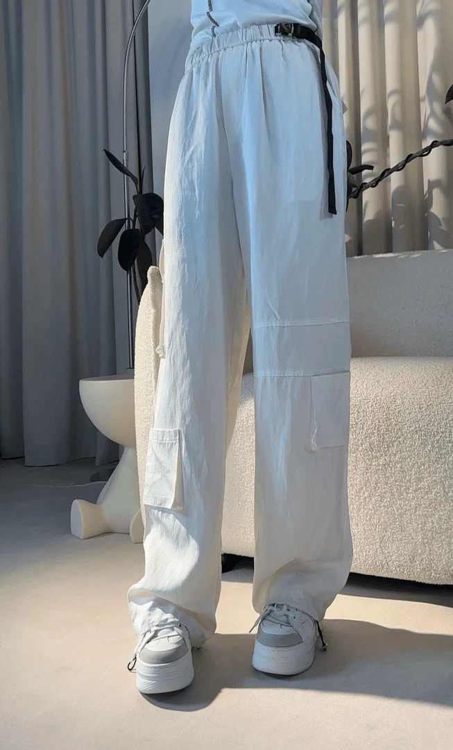 231270夏季腰带款白色直筒工装裤