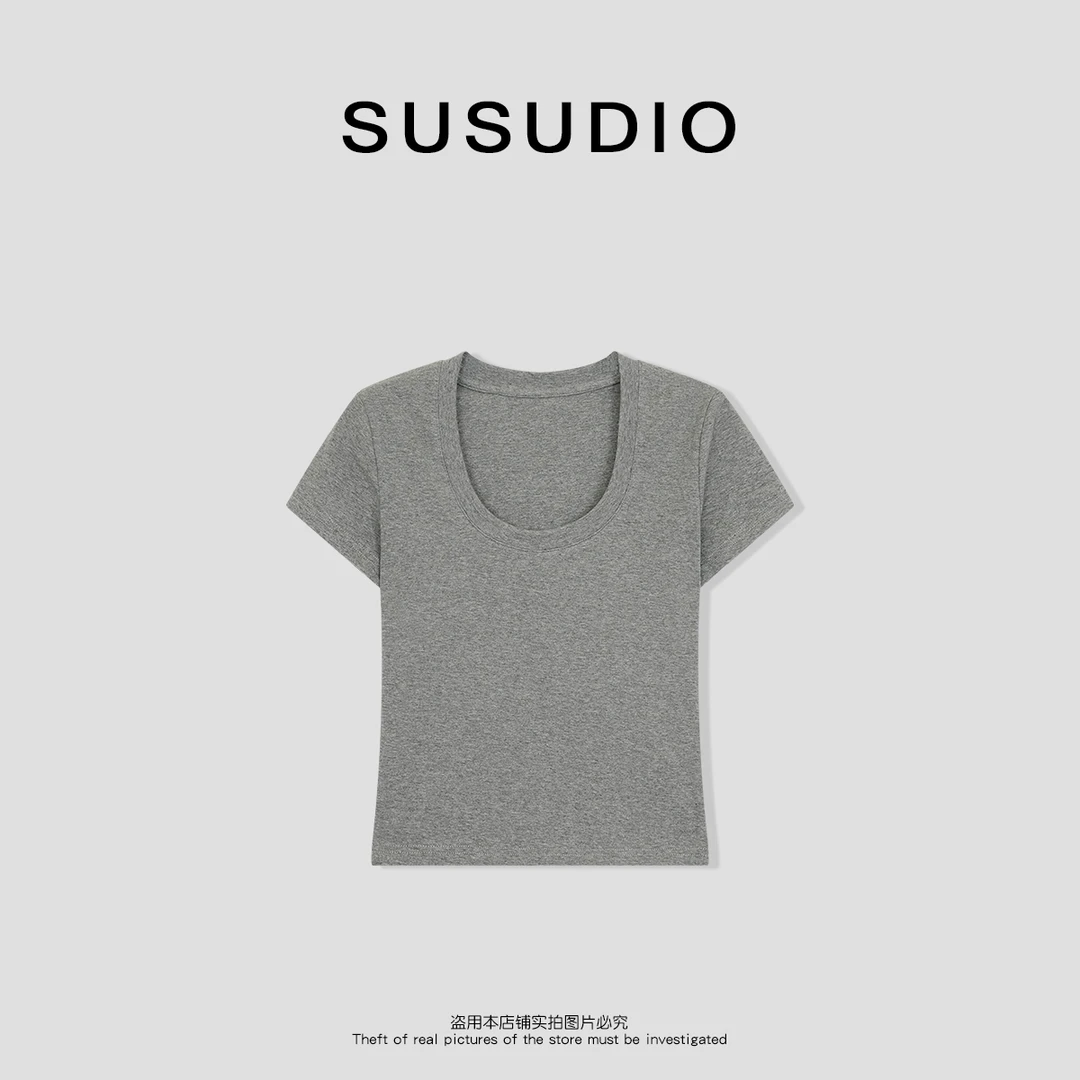 SUSUDIO 欧若风休闲百搭简约风U领短袖T恤10098