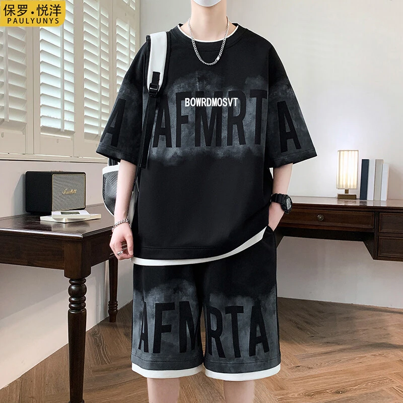 保罗悦洋夏季新品男士休闲运动套装潮流百搭青少年冰丝短袖t恤189