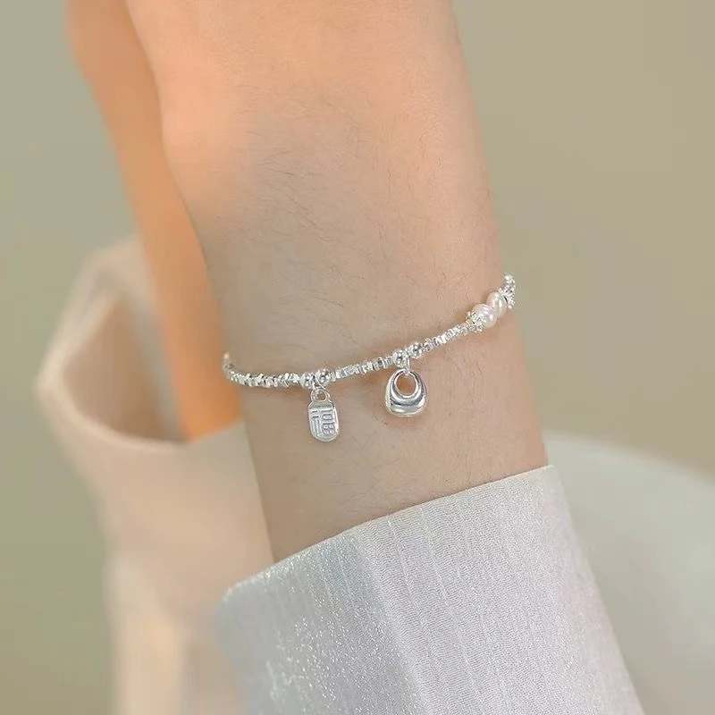 L【手链上新】s999银工艺福牌珍珠碎银子手链复古风设计百搭延长链