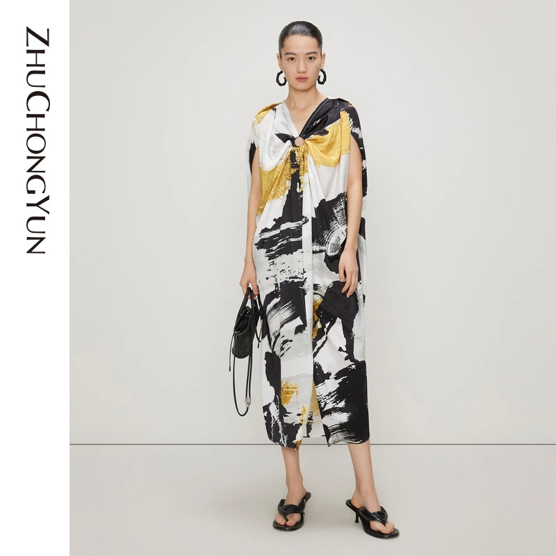 ZHUCHONGYUN夏新款艺术感水墨色块真丝宽松褶饰连衣裙C1CX23616