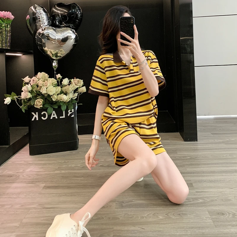 3906夏季时尚风潮牌女装大码两件套宽松减龄条纹短袖短裤套装