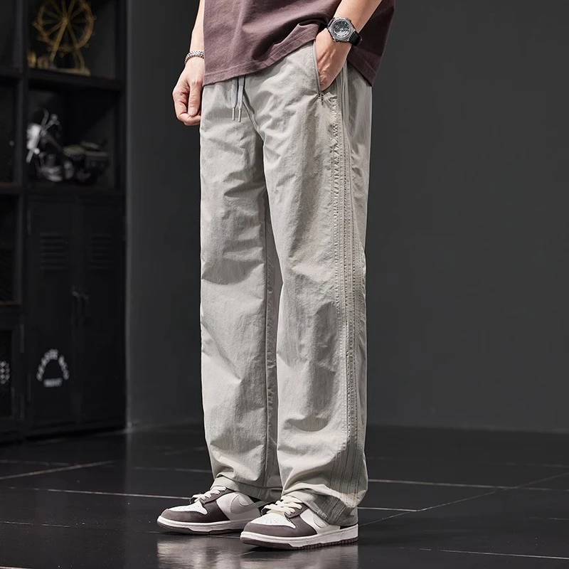 2025夏季薄款冰丝休闲裤男士宽松直筒阔腿运动美式复古速干工装裤