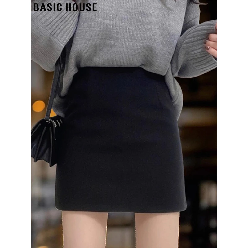 Basic House/百家好黑色毛呢半身裙女2025秋季新款包臀裙打底短裙