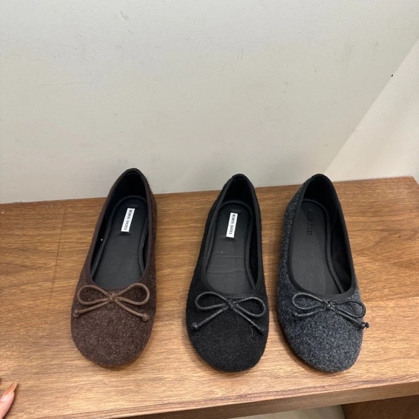 1380法式复古绒面圆头蝴蝶结芭蕾舞鞋女2024冬季新款气质平底单鞋