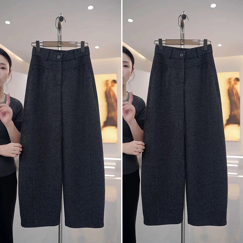 加厚软糯绵羊毛阔腿弯刀裤女2025秋冬新款高腰显瘦宽松百搭香蕉裤