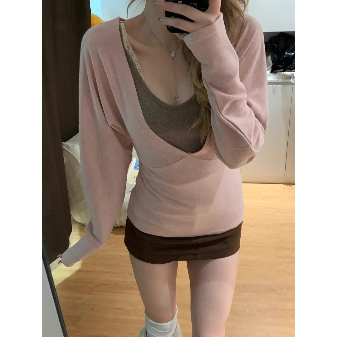 玫瑰可露丽 V领外搭上衣撞色吊带两件套时髦针织套装#8520