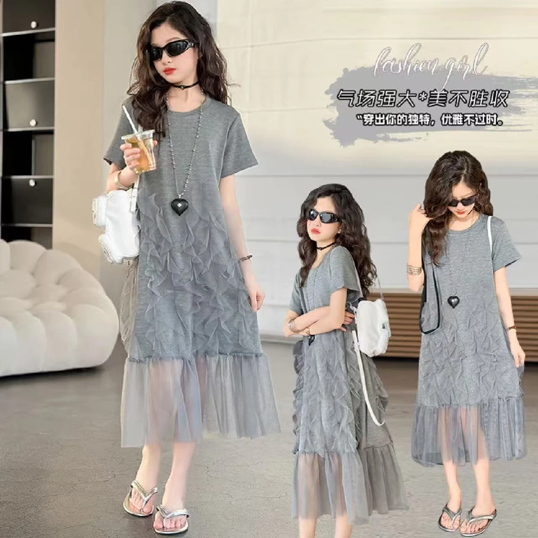 女童中大童法式感灰色洋气裙子中长款儿童网纱拼接韩版连衣裙ol