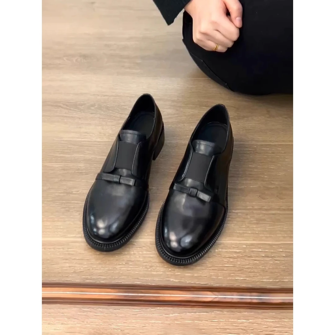 牛皮版~圆头蝴蝶结英伦风粗跟小皮鞋百搭一脚蹬复古学院风乐福鞋