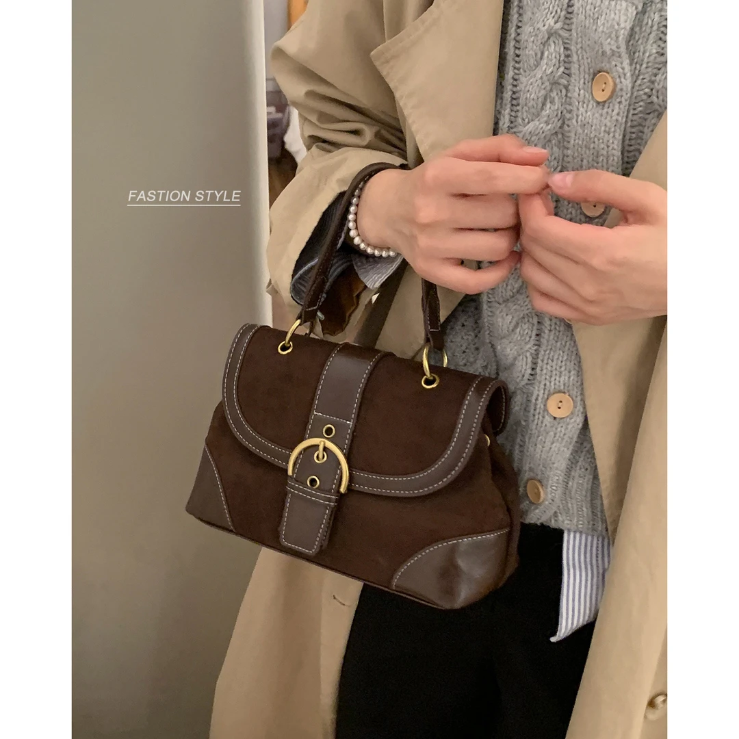 复古高级感手提包小拎包女2025新款麂皮绒小方包简约单肩斜挎包