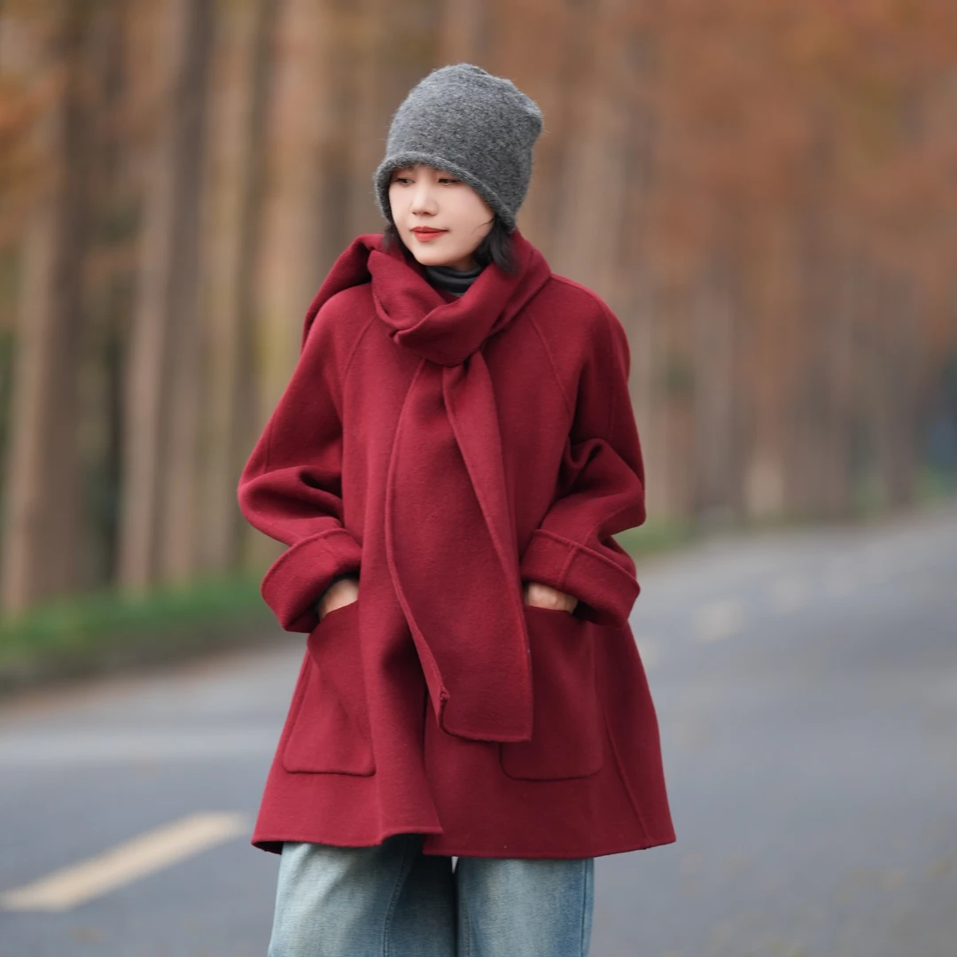 【0773】新年红～冬季围巾圆领双面羊毛  韩版宽松减龄羊绒羊毛大衣