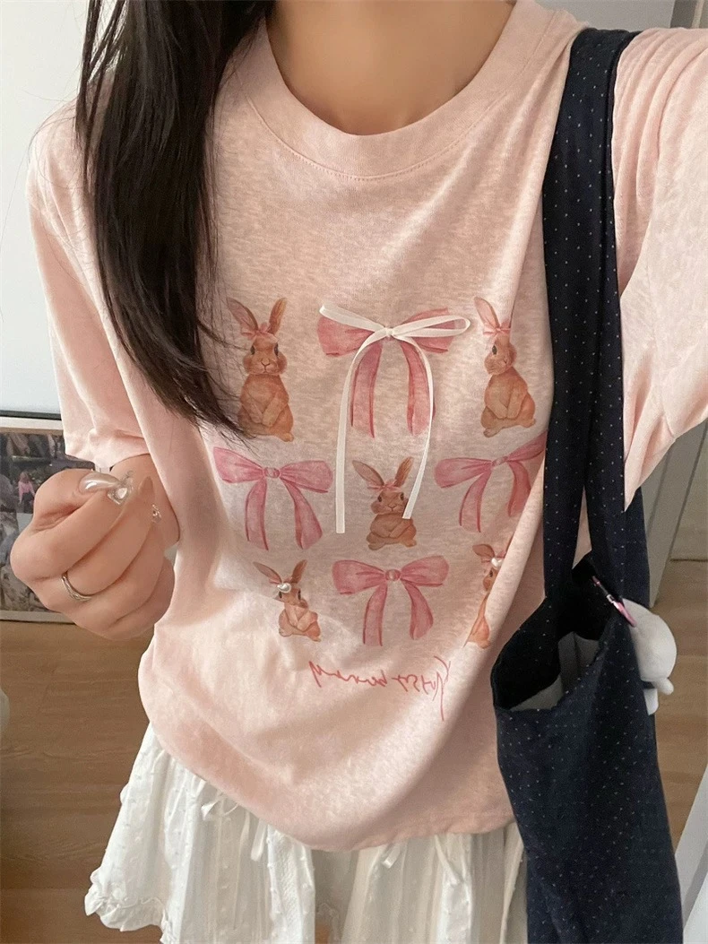 卡通兔子印花圆领短袖T恤夏季宽松甜美蝴蝶结上衣