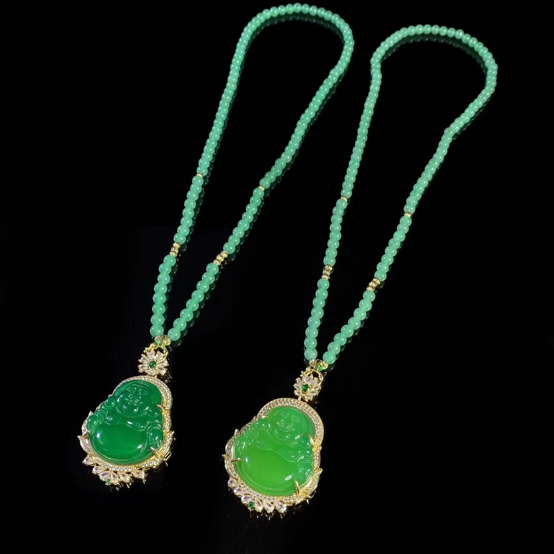 ST7584皇家翠灵玉玛瑙绿佛公吊坠-配珠链-多样性发货只发一件