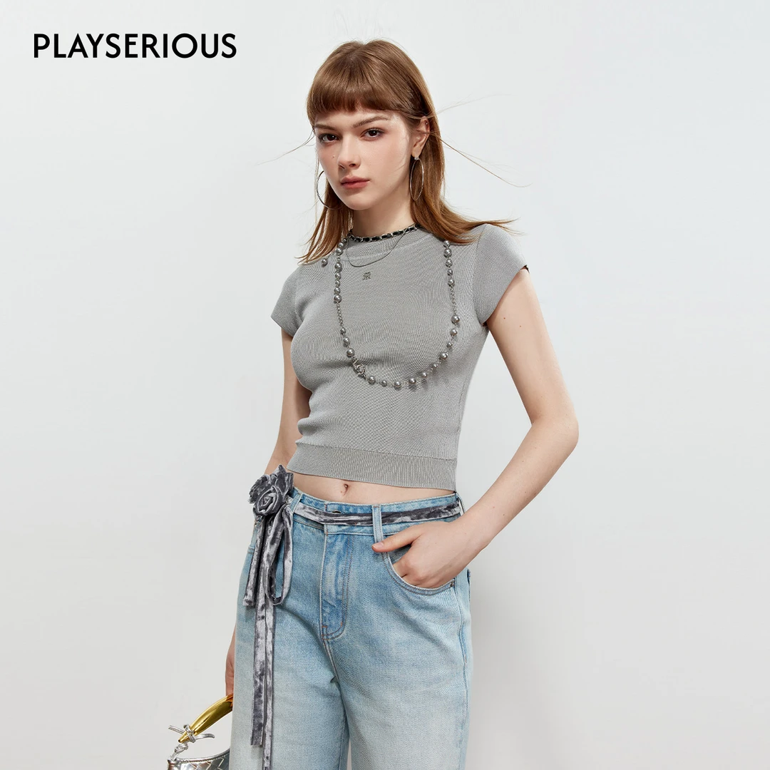 PlaySERIOUS ROCHA ROMMA 25秋季新款金属标银丝针织短袖短款上衣