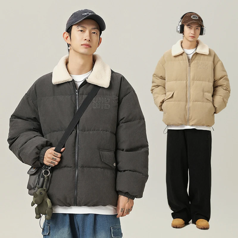 美式雪花纹工装毛领棉服冬季款仿羊羔绒翻领厚外套下摆可调棉衣
